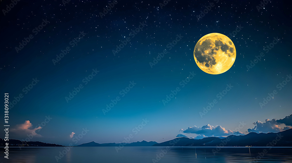 Fototapeta premium Pixelated Full Moon Glowing Over Still Water and Reflecting Night Sky with Stars