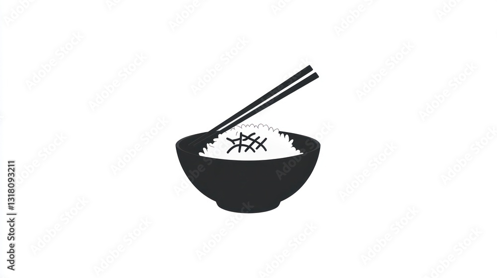 Rice bowl with chopsticks, simple food icon, white background, menu design Rice bowl with chopsticks, simple food icon, white background, menu design