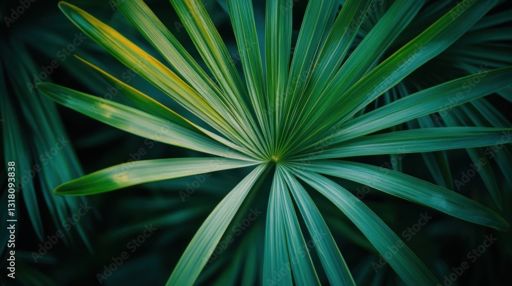 Fototapeta premium Close-Up View of Vibrant Green Palm Leaves Perfect for Nature and Tropical Themed Designs, Backgrounds, and Eco-Friendly Projects