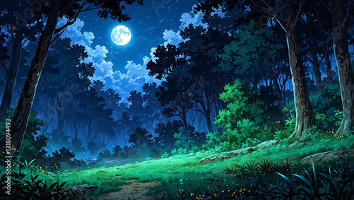 anime style forest background at night