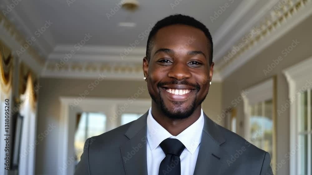 Confident Young African American Man in Formal Attire Smiling Inside Elegant Interior with Stylish Decor and Soft Lighting Confident Young African American Man in Formal Attire Smiling Inside Elegant Interior with Stylish Decor and Soft Lighting