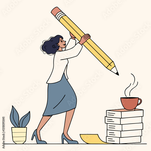 Empowered woman writing her future with an oversized pencil and big ideas
