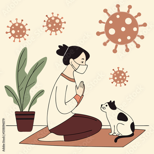 Woman meditates with cat during pandemic, seeking inner peace and wellness