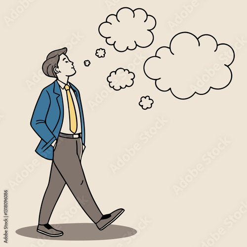 Cartoon Character Contemplating Future Success While Strolling Confidently