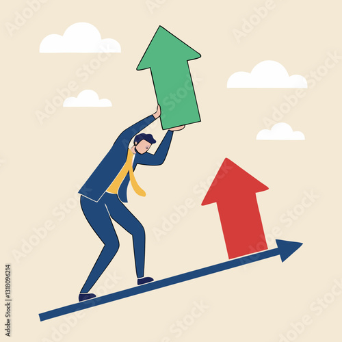 Business person holding a growth arrow symbol to illustrate progress