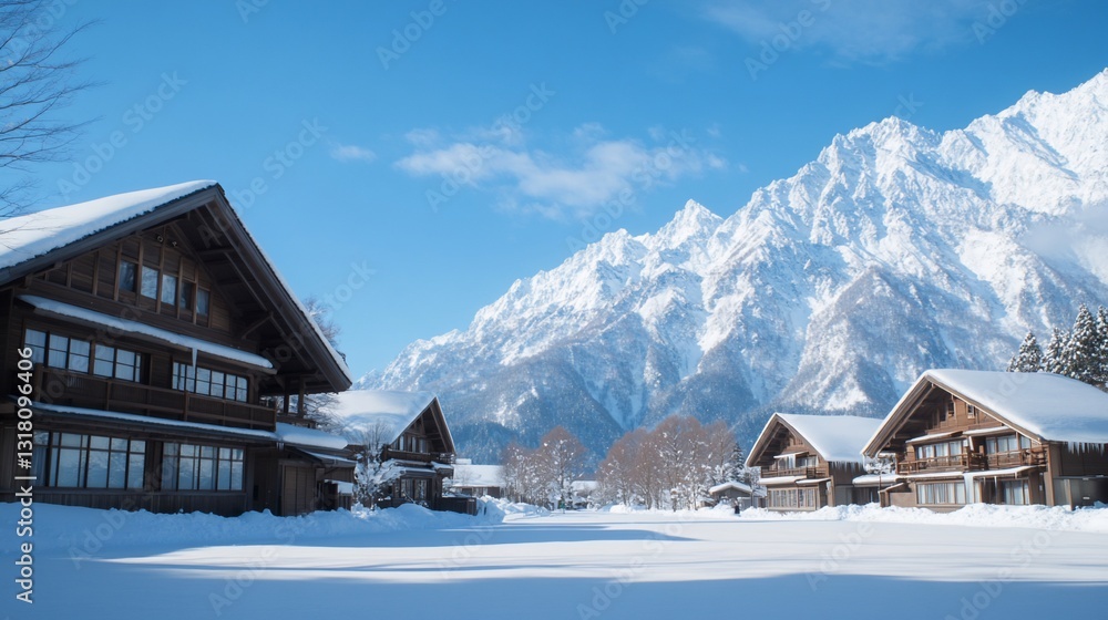 Fototapeta premium Snowy mountain chalet village winter vacation