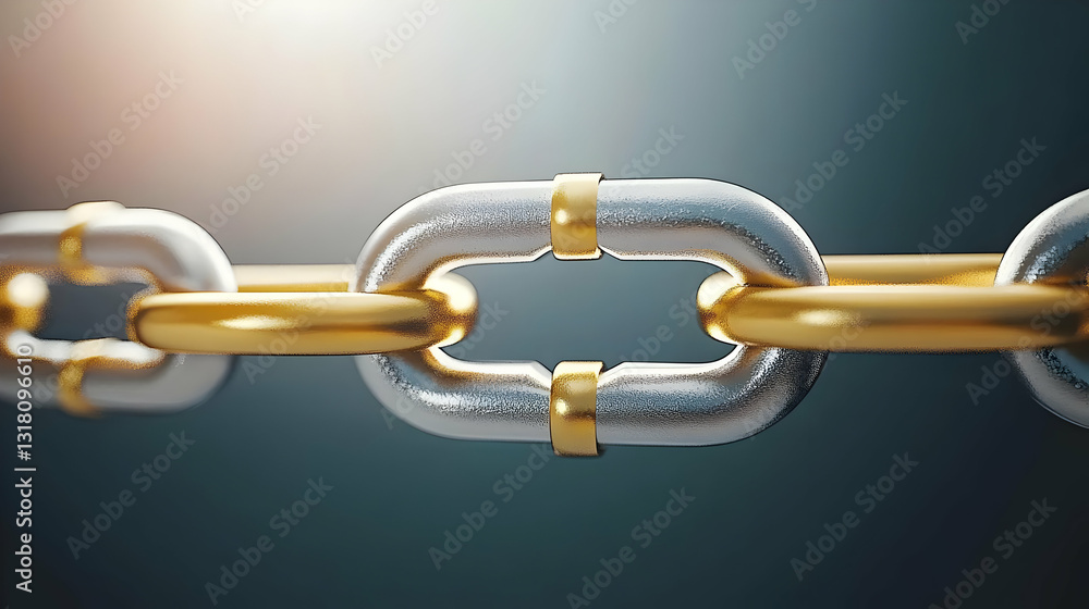 Obraz premium Close Up of Interconnected Gold and Silver Metallic Chain Links on a Soft Blurred Background