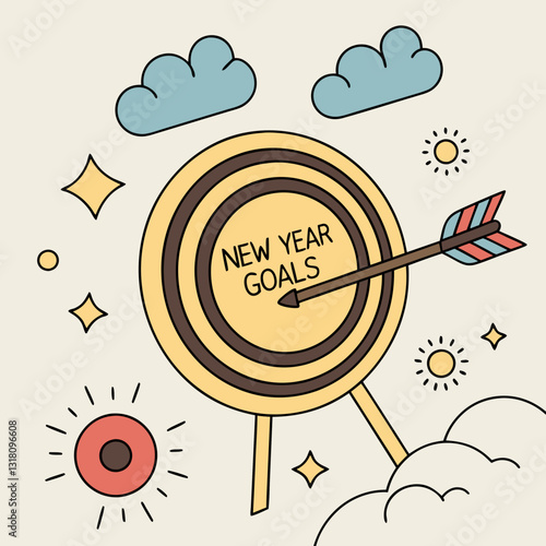 Retro New Year Goals Achievement Illustration with Arrow Hitting Target