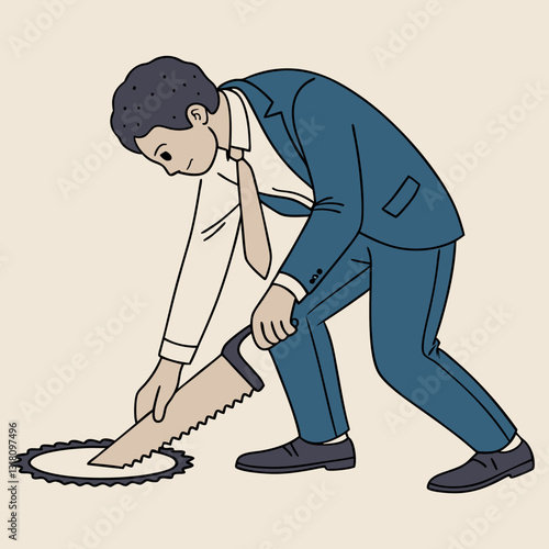 Professional risk: Businessman sawing through the ground into a hole