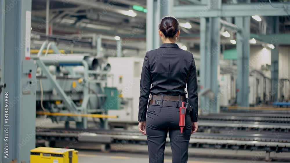 A Confident Female Security Officer in Black Uniform Overseeing Operations in a Modern Manufacturing Facility A Confident Female Security Officer in Black Uniform Overseeing Operations in a Modern Manufacturing Facility