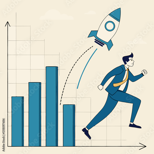 Cartoon businessman launching a rocket, business growth and startup concept