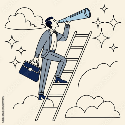 Visionary Businessman Ascending Ladder to Success with Spyglass and Cloud Dreams