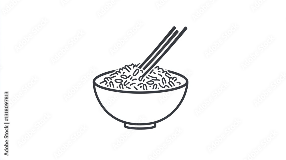 Rice bowl with chopsticks, simple line art, food illustration, menu design Rice bowl with chopsticks, simple line art, food illustration, menu design