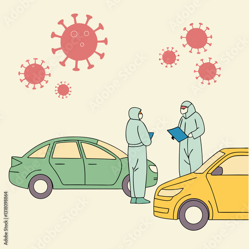 Covid drive through testing with personnel in protective suits cartoonish