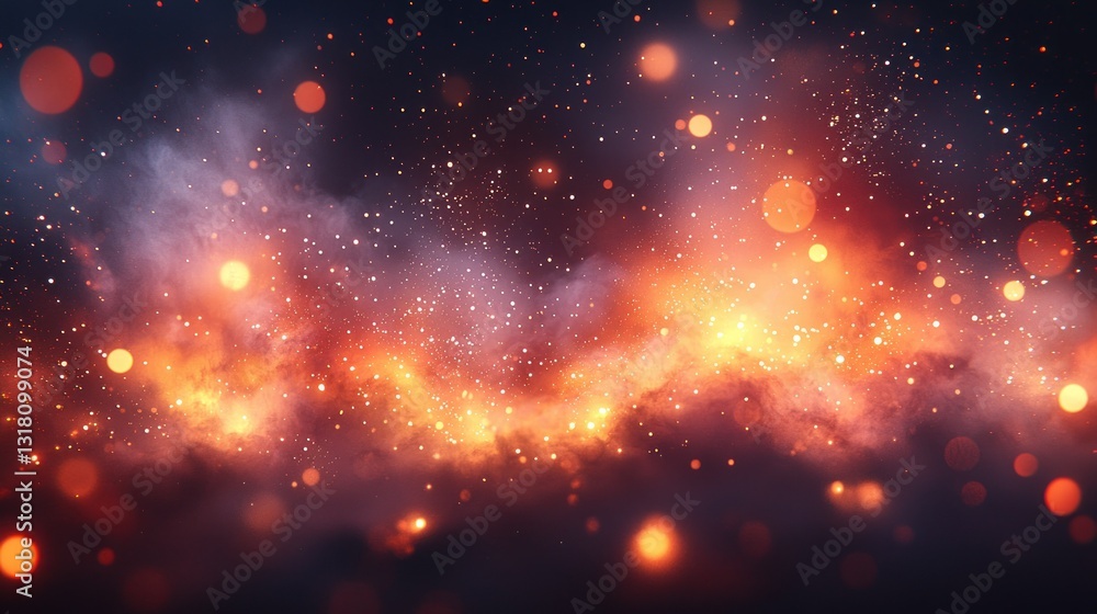 Fototapeta premium Abstract space nebula with bokeh lights, orange and blue hues, dreamy ethereal