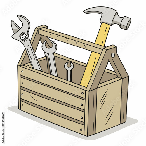 Classic Wooden Toolbox Filled with Essential Tools Illustration