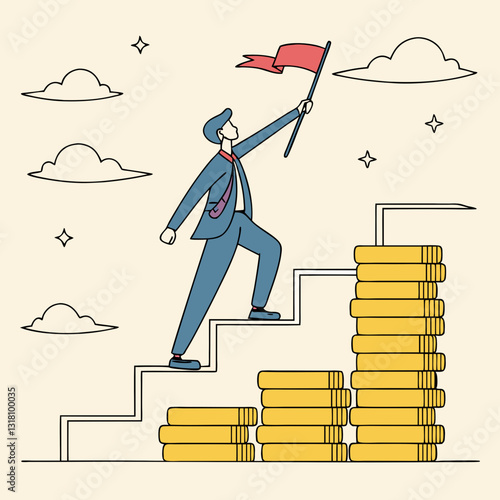 Illustration of a Businessman Climbing Staircase of Coins Holding Flag