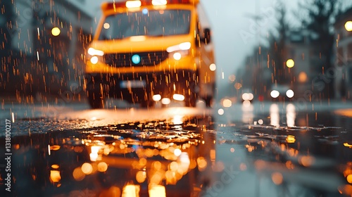 Emergency vehicle responding in rainy urban environment dynamic action shot low angle viewpoint