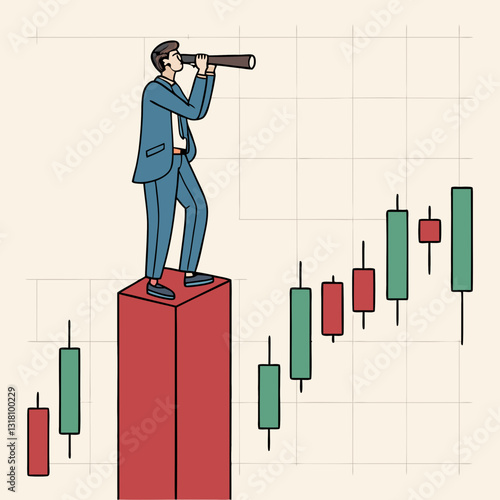 Businessman with telescope standing on financial chart looking for opportunity