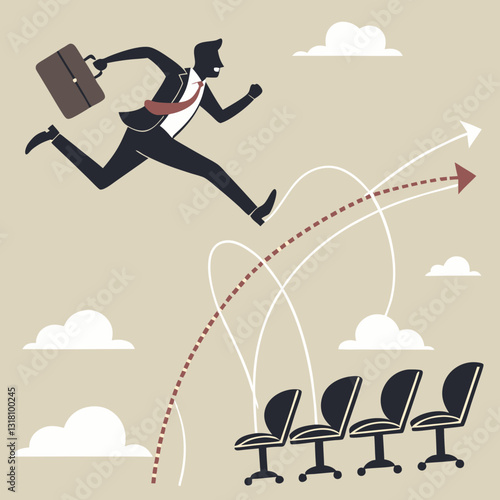 Businessman's Ascent: Jumping Over Obstacles Toward Growth and Success
