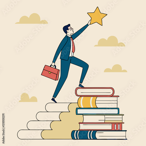 Businessman Reaching for a Star by Climbing Stack of Books Illustration