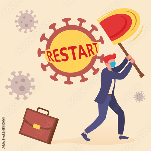 Conceptual illustration of a businessman fighting to restart the economy after crisis