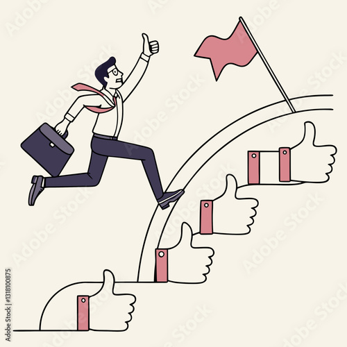 Illustration of a businessman climbing thumbs up steps to achieve success