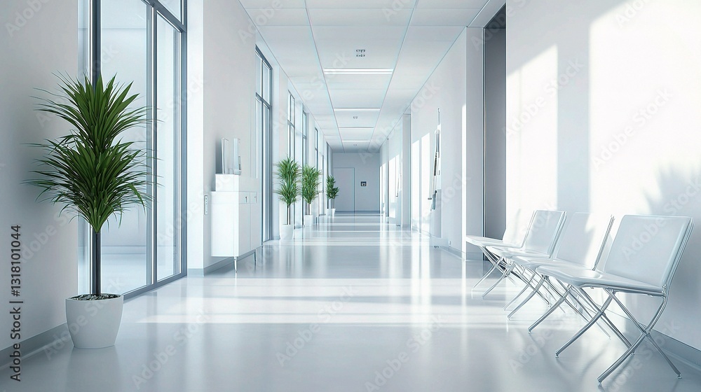 Fototapeta premium Modern Empty Hospital Corridor with Natural Light and Greenery