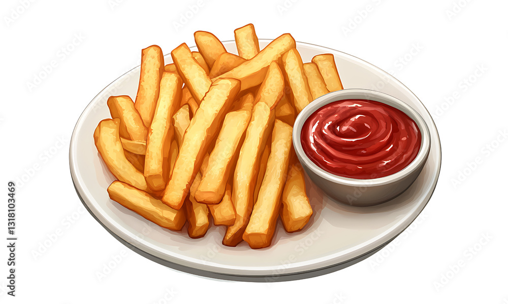 crispy golden French fries with ketchup isolated on a white or transparent background. crispy golden French fries with ketchup isolated on a white or transparent background.
