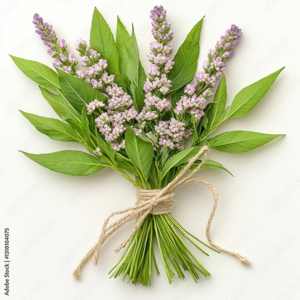 Small Purple Flower Bouquet with Green Leaves on White