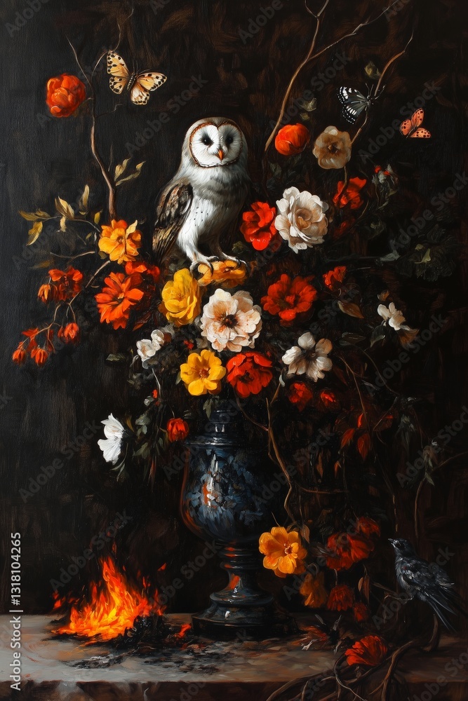 Black and Dark Academia style artwork and Oil Painting, home decor for moody and dark theme a painting of a bird sitting on a vase of flowers
