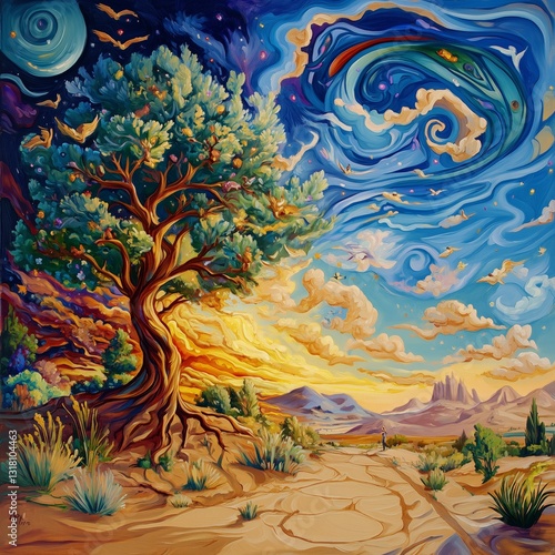 Black and Dark Academia style artwork and Oil Painting, home decor for moody and dark theme a painting of a desert landscape with a tree and a starry sky