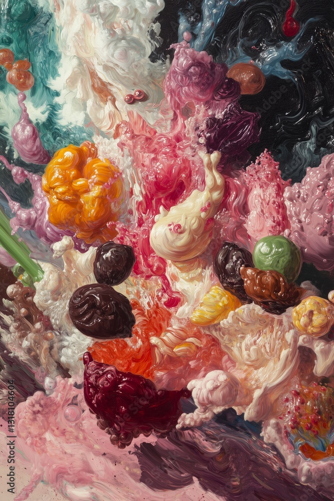 Black and Dark Academia style artwork and Oil Painting, home decor for moody and dark theme a painting of a bunch of fruit and ice