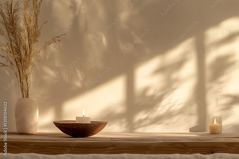 Serene Sunlight and Candles on Wooden Table Serene Sunlight and Candles on Wooden Table