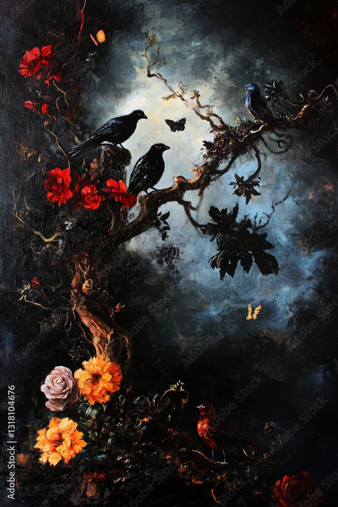 Black and Dark Academia style artwork and Oil Painting, home decor for moody and dark theme a painting of a tree with birds and flowers