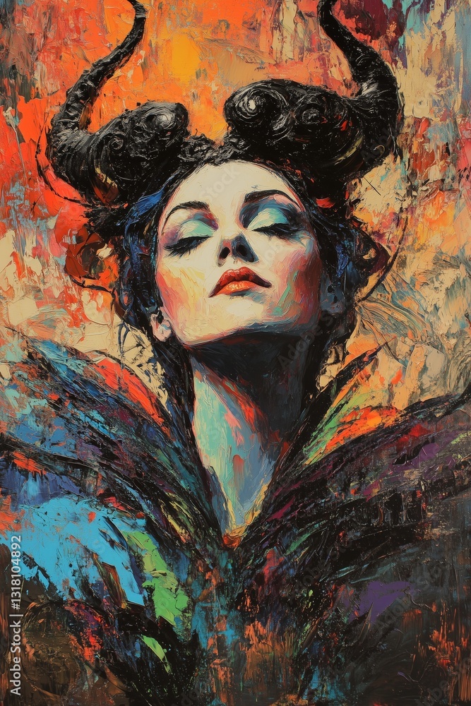 Black and Dark Academia style artwork and Oil Painting, home decor for moody and dark theme a painting of a woman with horns on her head