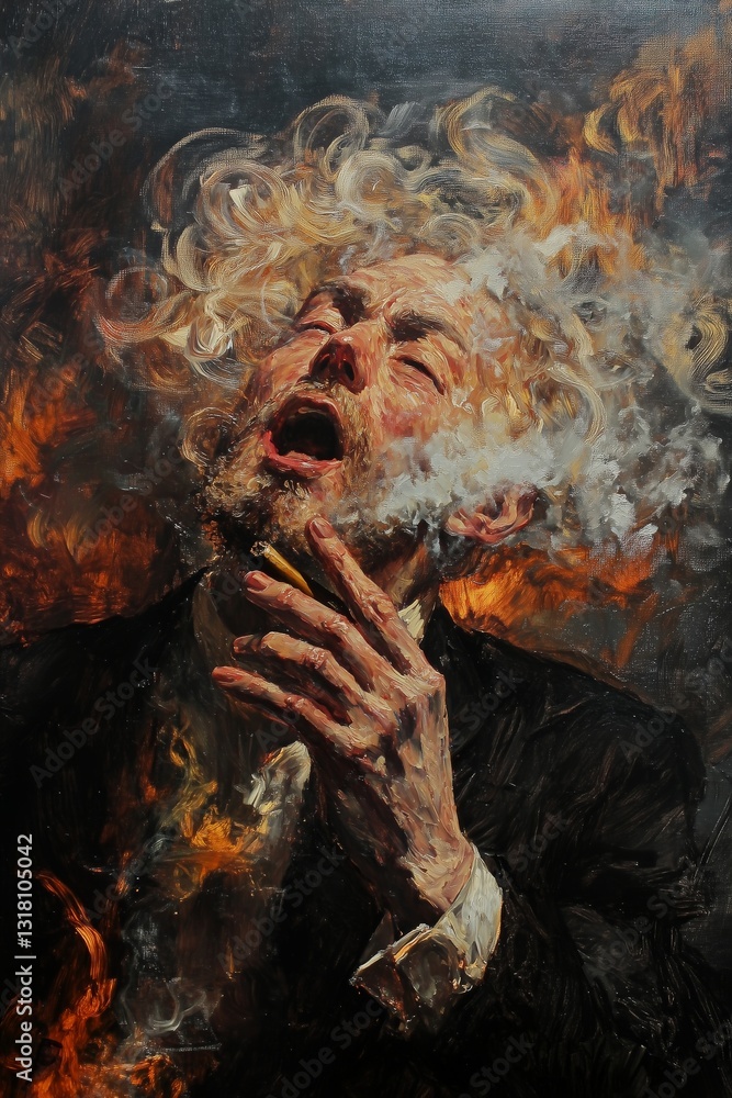Black and Dark Academia style artwork and Oil Painting, home decor for moody and dark theme a painting of a man with a cigarette