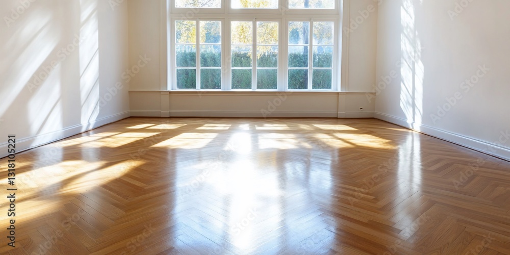Fototapeta premium Bright room shows herringbone floor reflecting sunlight coming from large windows