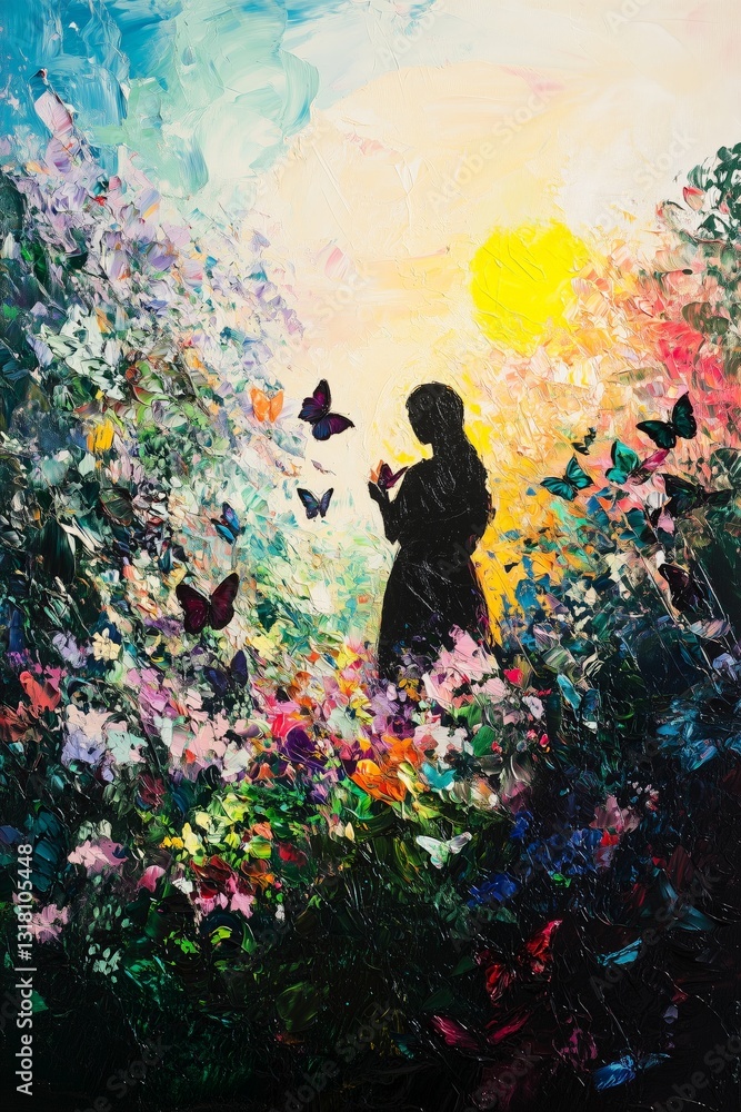 Black and Dark Academia style artwork and Oil Painting, home decor for moody and dark theme a painting of a person in a field with butterflies