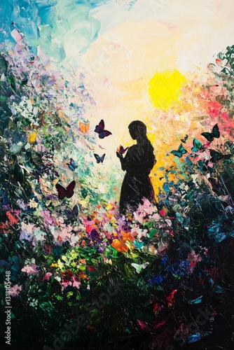 Obraz na płótnie Black and Dark Academia style artwork and Oil Painting, home decor for moody and dark theme a painting of a person in a field with butterflies w salonie