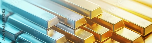 A close-up of metallic bars showcasing gold and silver hues, reflecting light, symbolizing wealth and luxury.