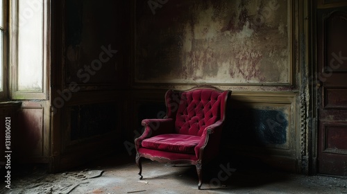 Vintage Red Velvet Chair in Abandoned Room with Peeling Paint and Natural Light Streaming Through Window