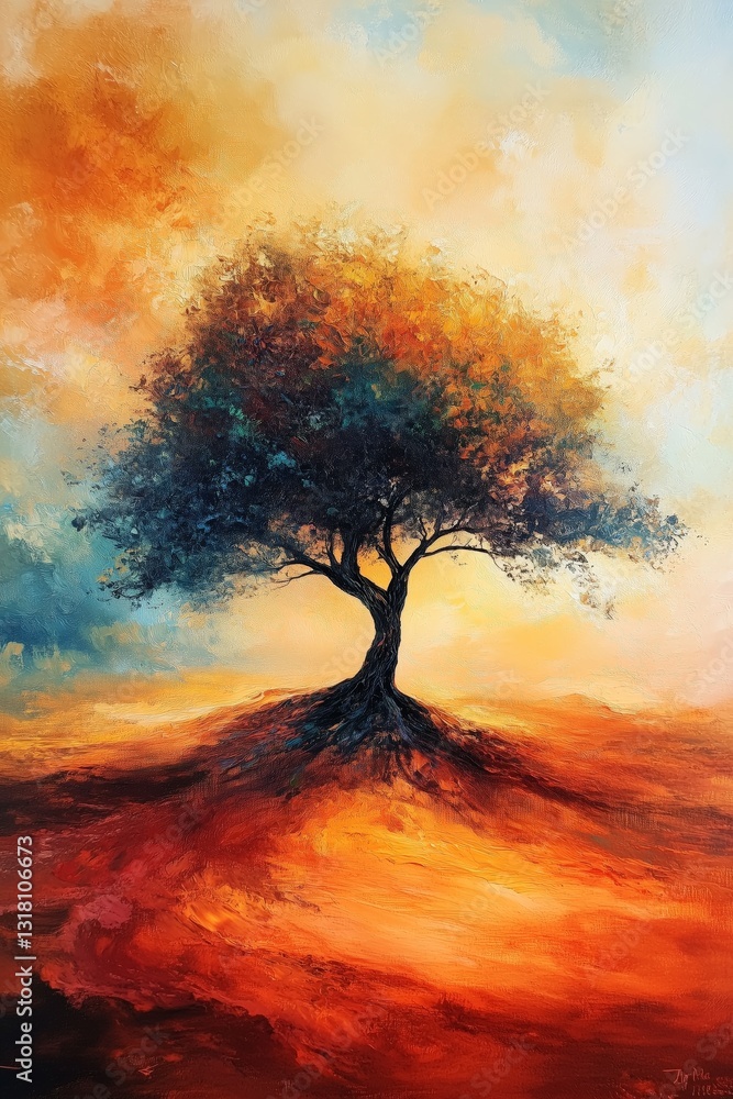 Black and Dark Academia style artwork and Oil Painting, home decor for moody and dark theme a painting of a tree in the sunset