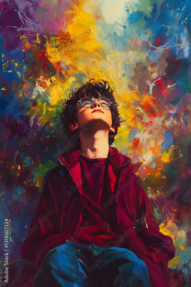 Black and Dark Academia style artwork and Oil Painting, home decor for moody and dark theme a painting of a man with glasses on his head
