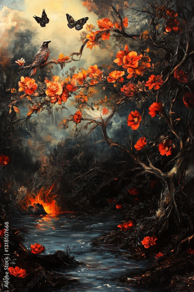 Black and Dark Academia style artwork and Oil Painting, home decor for moody and dark theme a painting of a river with birds flying over it
