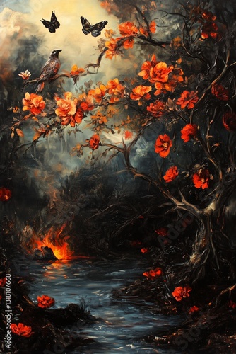 Obraz na płótnie Black and Dark Academia style artwork and Oil Painting, home decor for moody and dark theme a painting of a river with birds flying over it w salonie