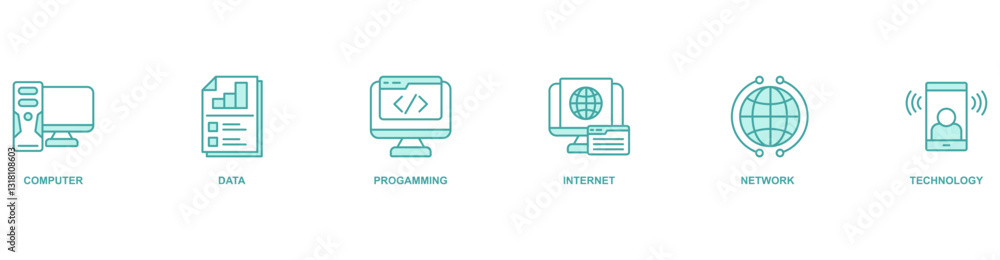 Information Technology banner web icon vector illustration concept with icon of computer, data, progamming, internet, network, technology Information Technology banner web icon vector illustration concept with icon of computer, data, progamming, internet, network, technology