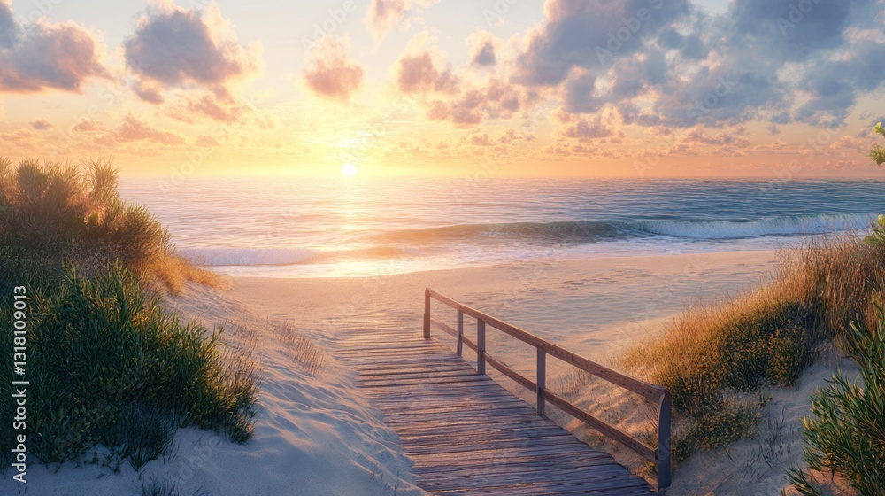 Obraz premium Sunset beach boardwalk dune pathway ocean waves