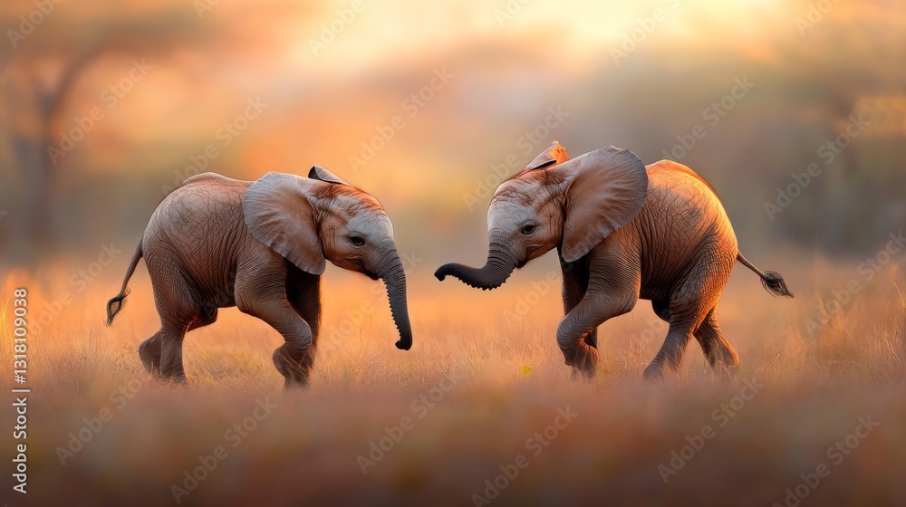 Fototapeta premium Two playful baby elephants in a golden savanna sunset