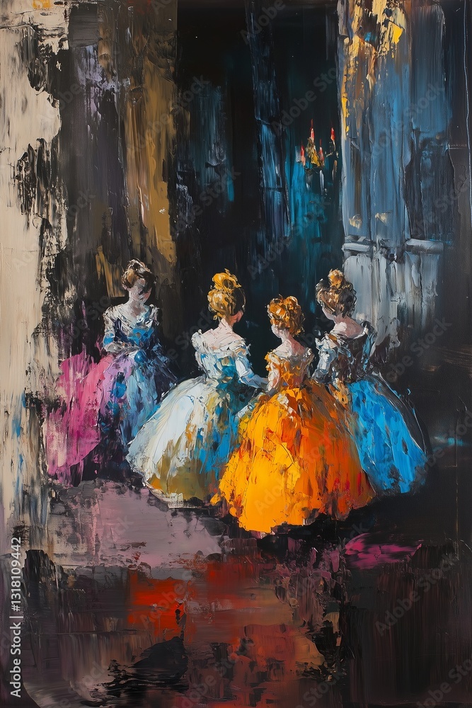 Black and Dark Academia style artwork and Oil Painting, home decor for moody and dark theme a painting of three women in colorful dresses